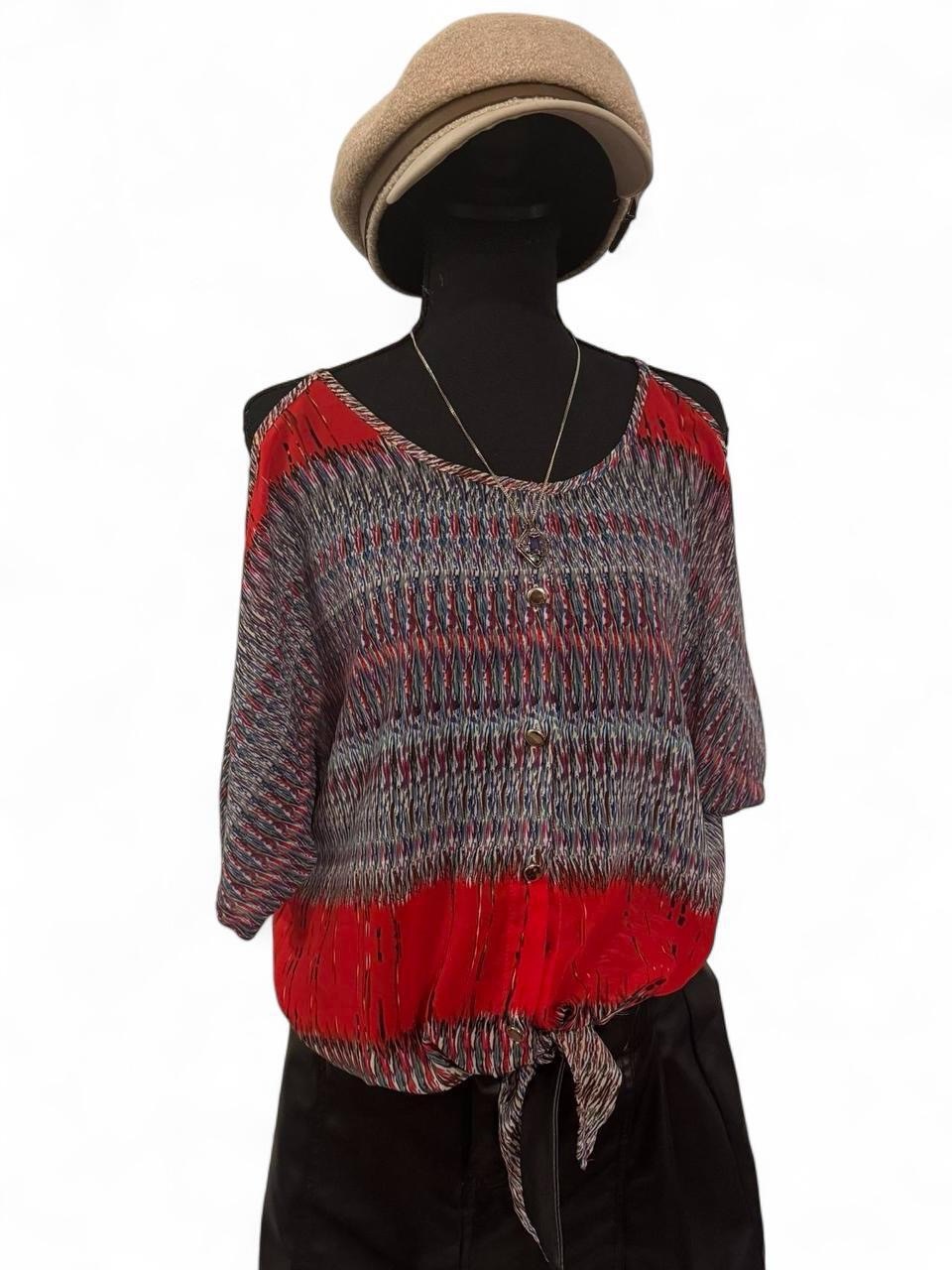 Women’s Red Patterned Cold-Shoulder Blouse With Tie Front